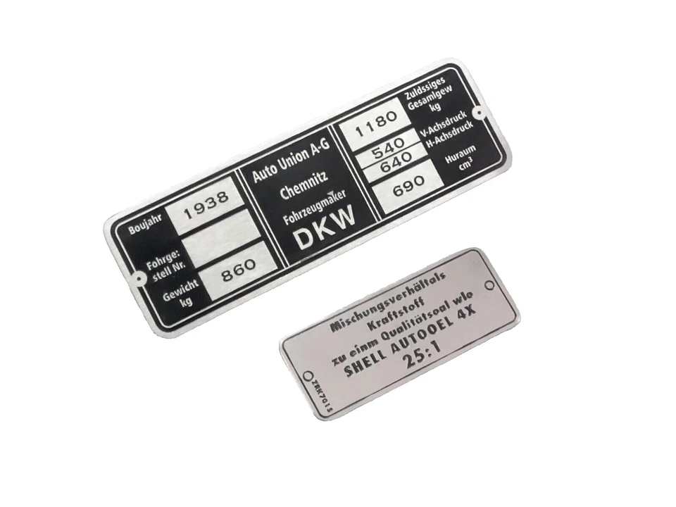 Data Plate Set Fits To Vintage Dkw Car (Metal) Hi-Quality #V182-6