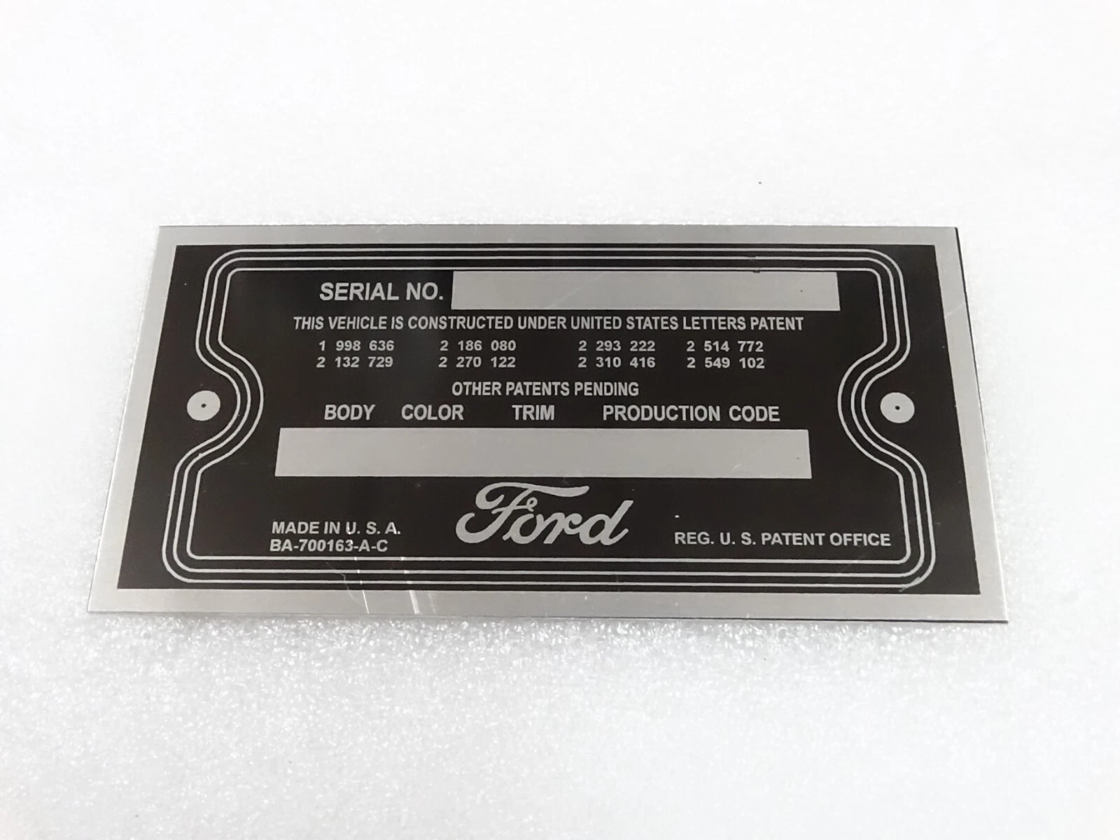 DATA PLATE FOR VINTAGE FORD 1950'S #V252-7