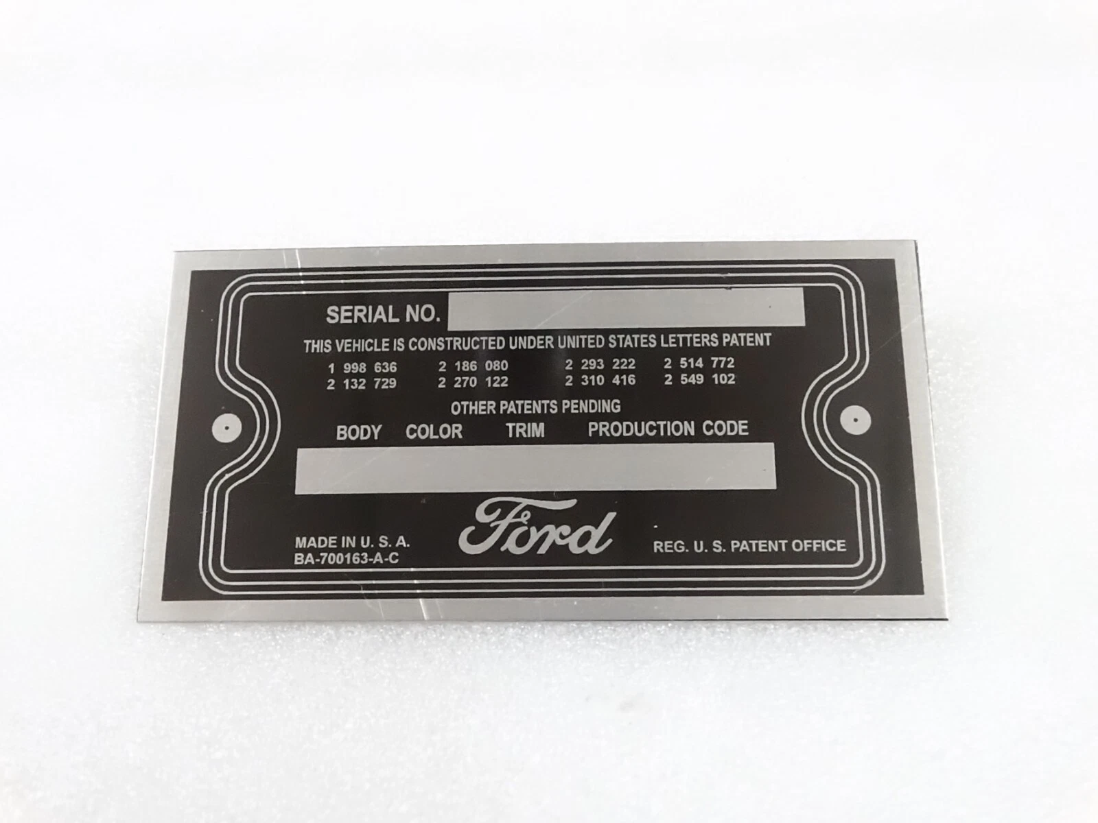 DATA PLATE FOR VINTAGE FORD 1950'S #V252-7