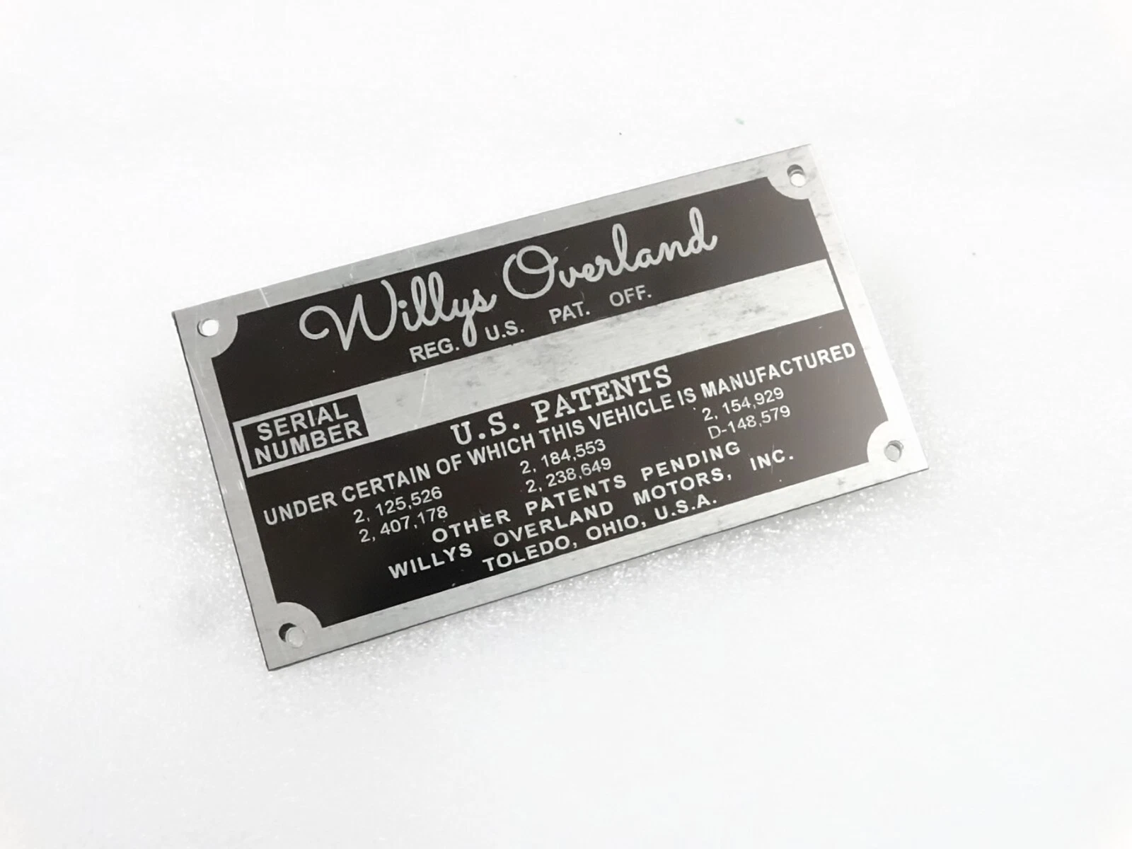 DATA PLATE FOR VINTAGE WILLYS OVERLAND CJ3A CJ3B M38 M38A1M170 #V261-7