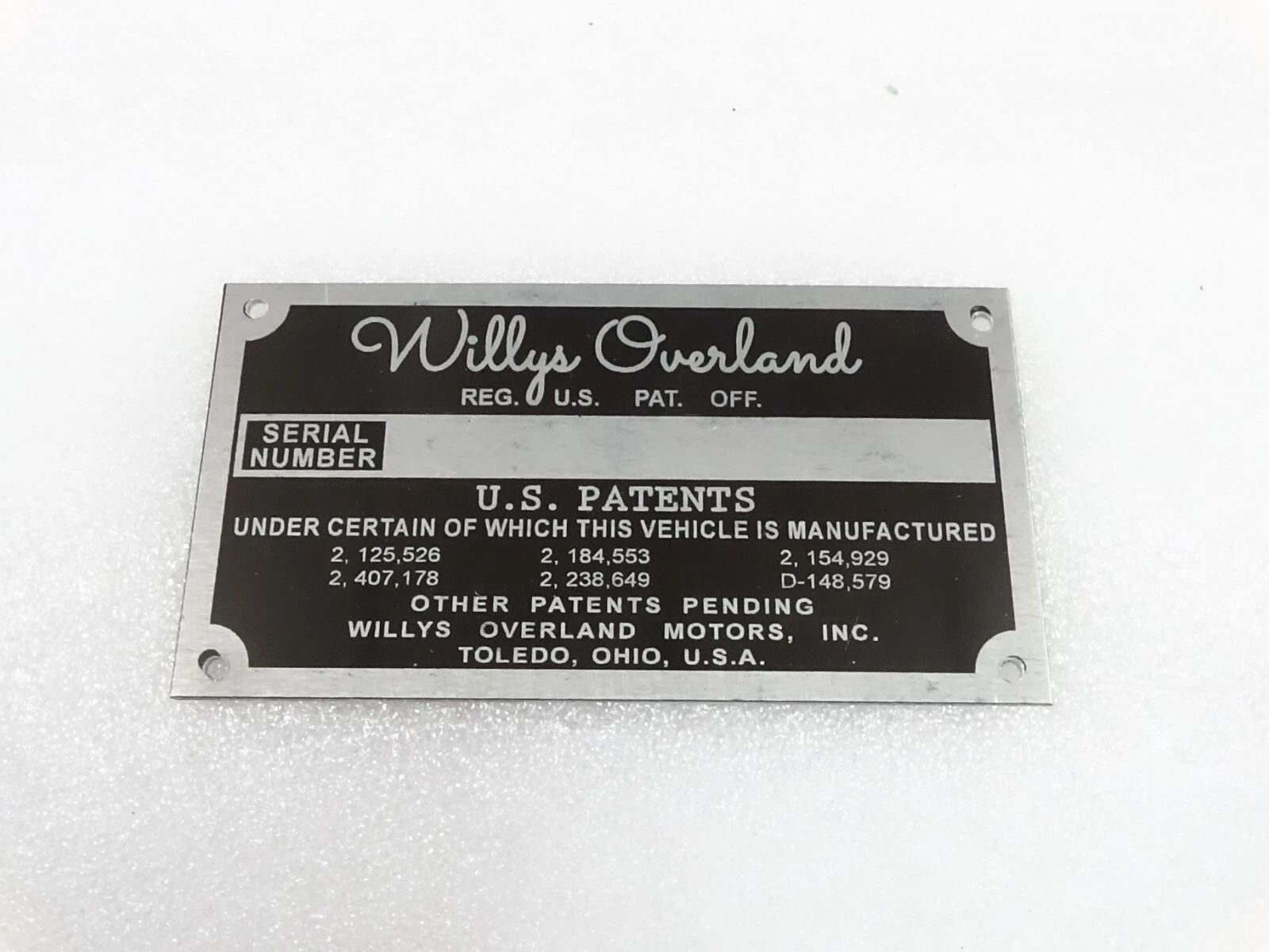 DATA PLATE FOR VINTAGE WILLYS OVERLAND CJ3A CJ3B M38 M38A1M170 #V261-7