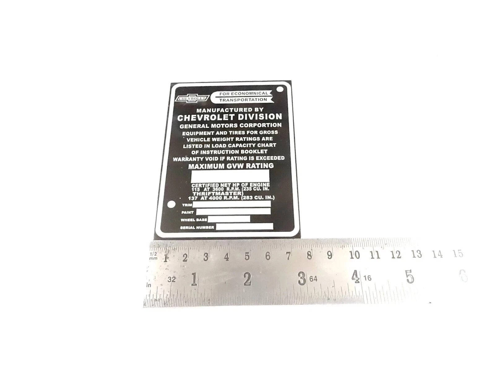 DATA PLATE FITS TO VINTAGE CLASSIC CHEVY CHEVROLET TRUCK 1957-1959 #V402-8