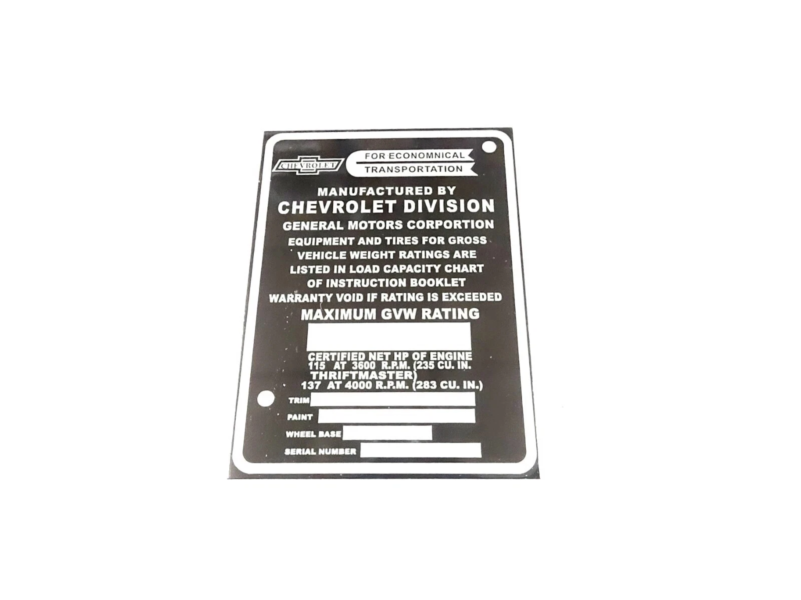 DATA PLATE FITS TO VINTAGE CLASSIC CHEVY CHEVROLET TRUCK 1957-1959 #V402-8