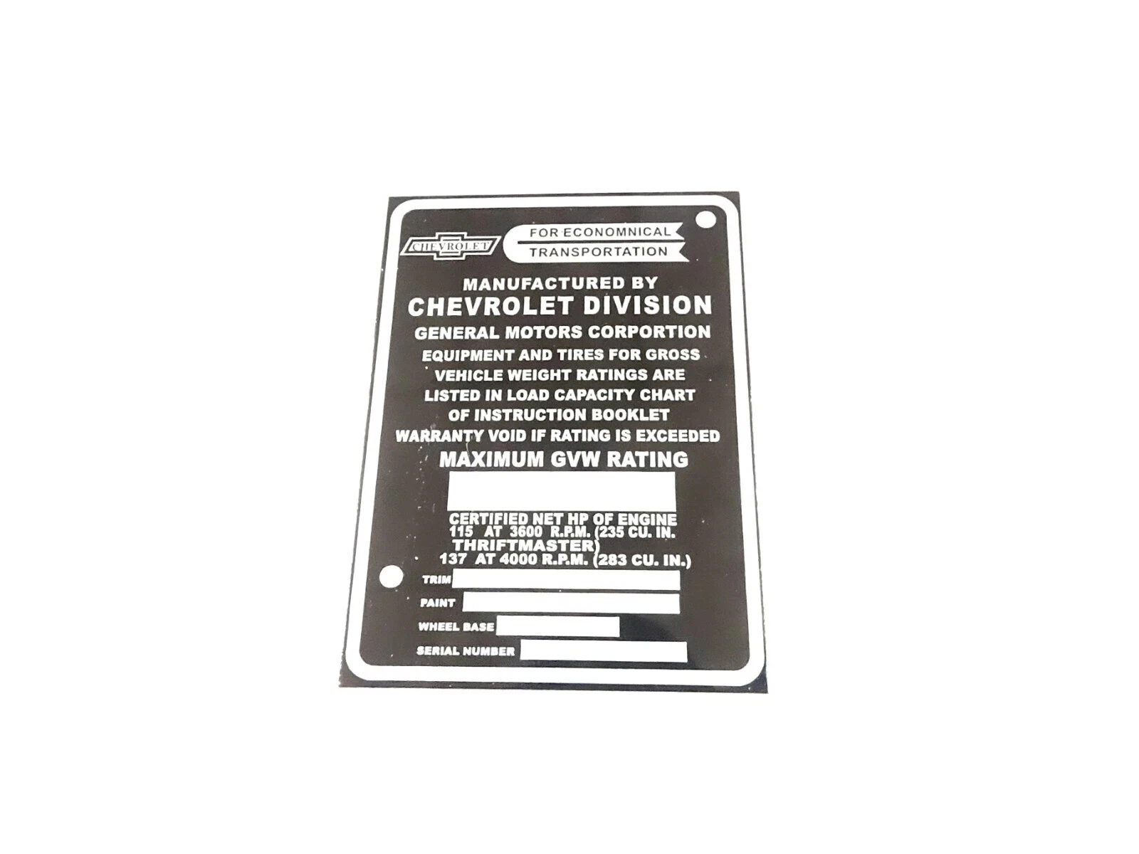 DATA PLATE FITS TO VINTAGE CLASSIC CHEVY CHEVROLET TRUCK 1957-1959 #V402-8