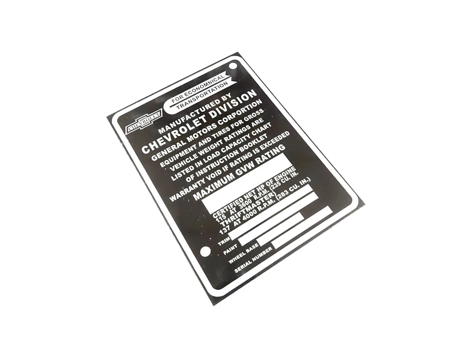 DATA PLATE FITS TO VINTAGE CLASSIC CHEVY CHEVROLET TRUCK 1957-1959 #V402-8