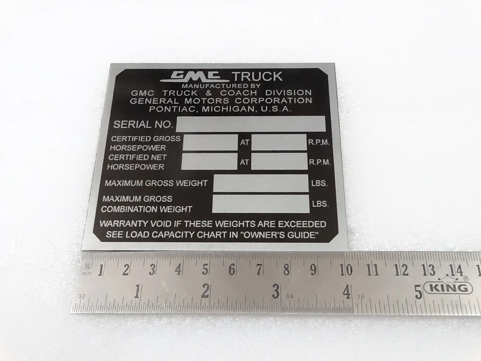DATA PLATE FOR VINTAGE GMC TRUCK 1954-1959 #V255-7