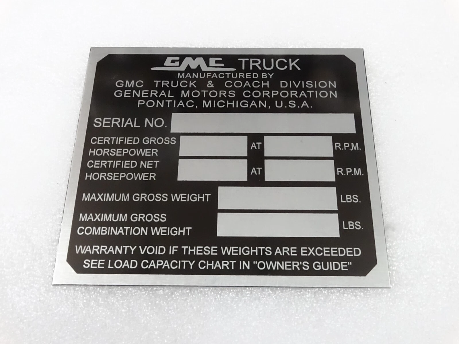 DATA PLATE FOR VINTAGE GMC TRUCK 1954-1959 #V255-7