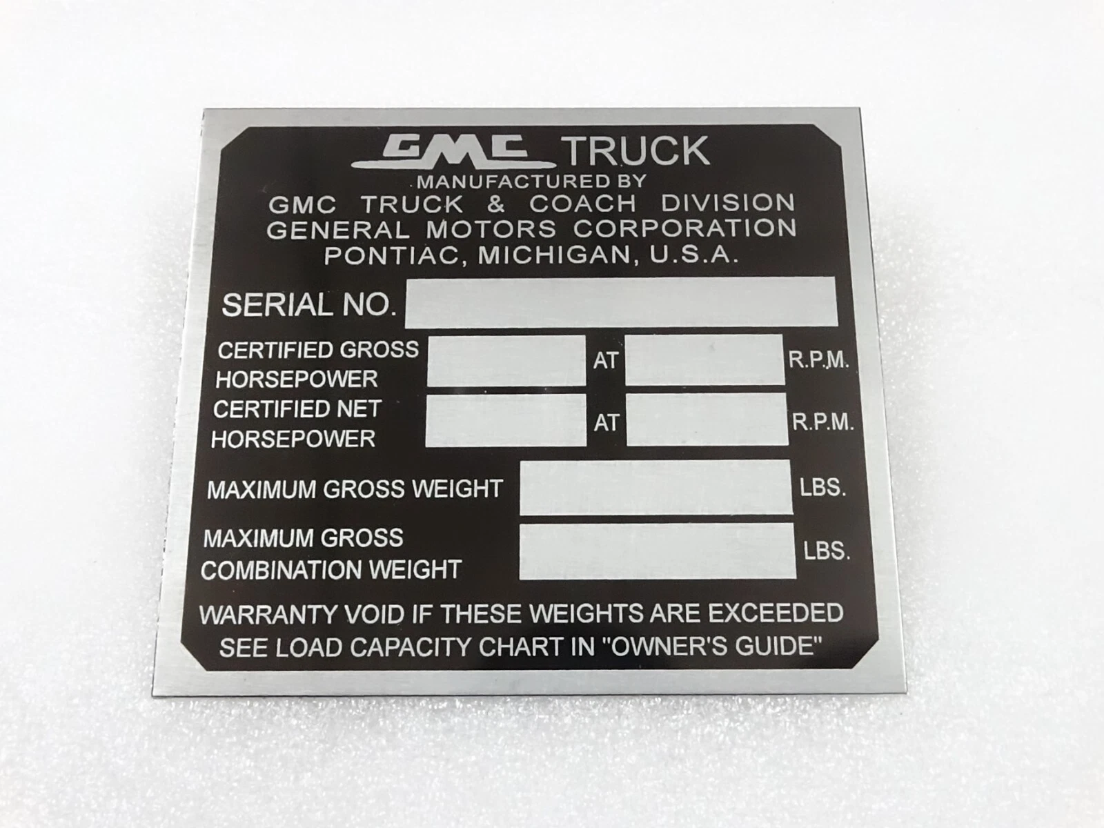 DATA PLATE FOR VINTAGE GMC TRUCK 1954-1959 #V255-7