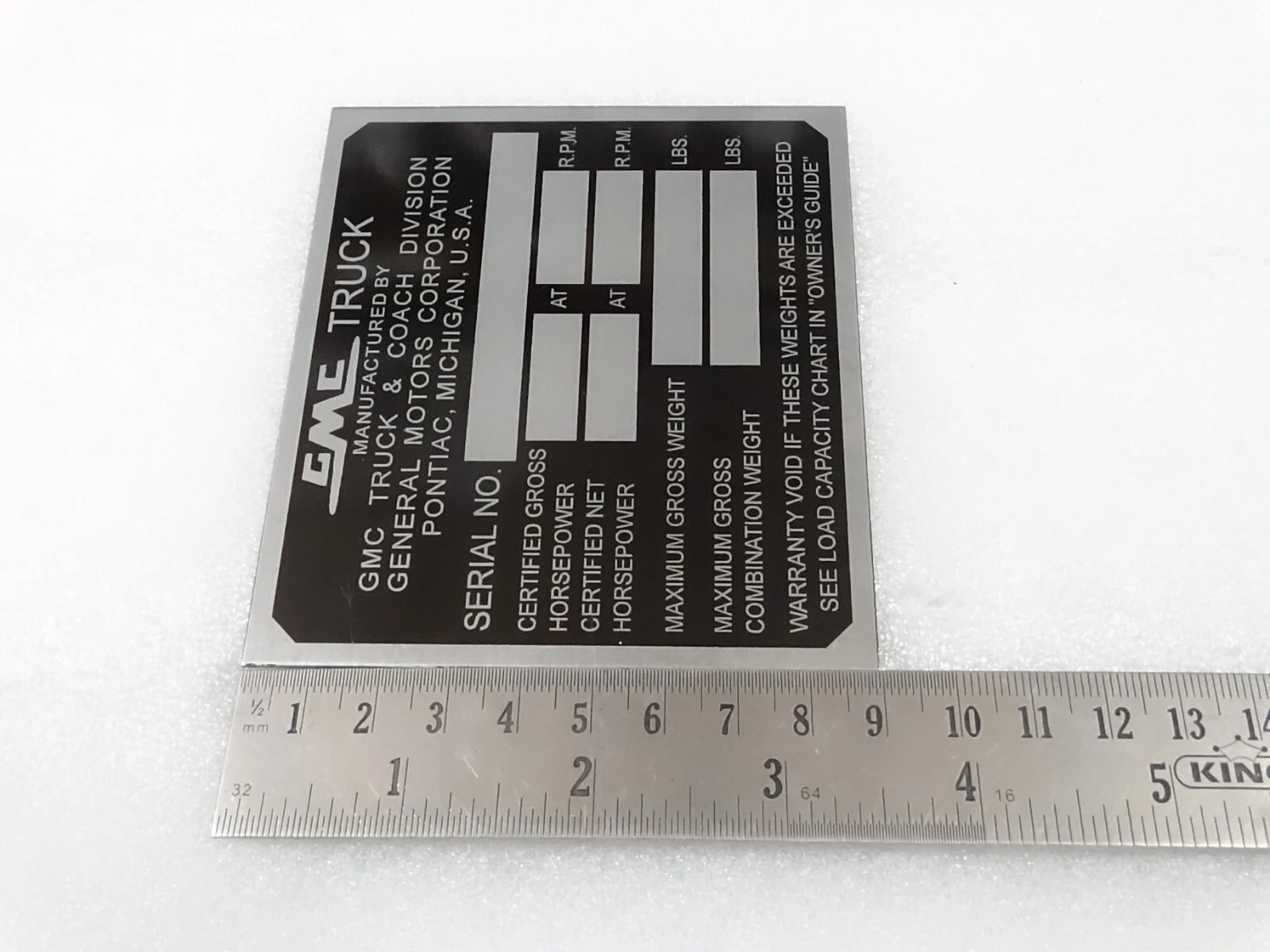 DATA PLATE FOR VINTAGE GMC TRUCK 1954-1959 #V255-7