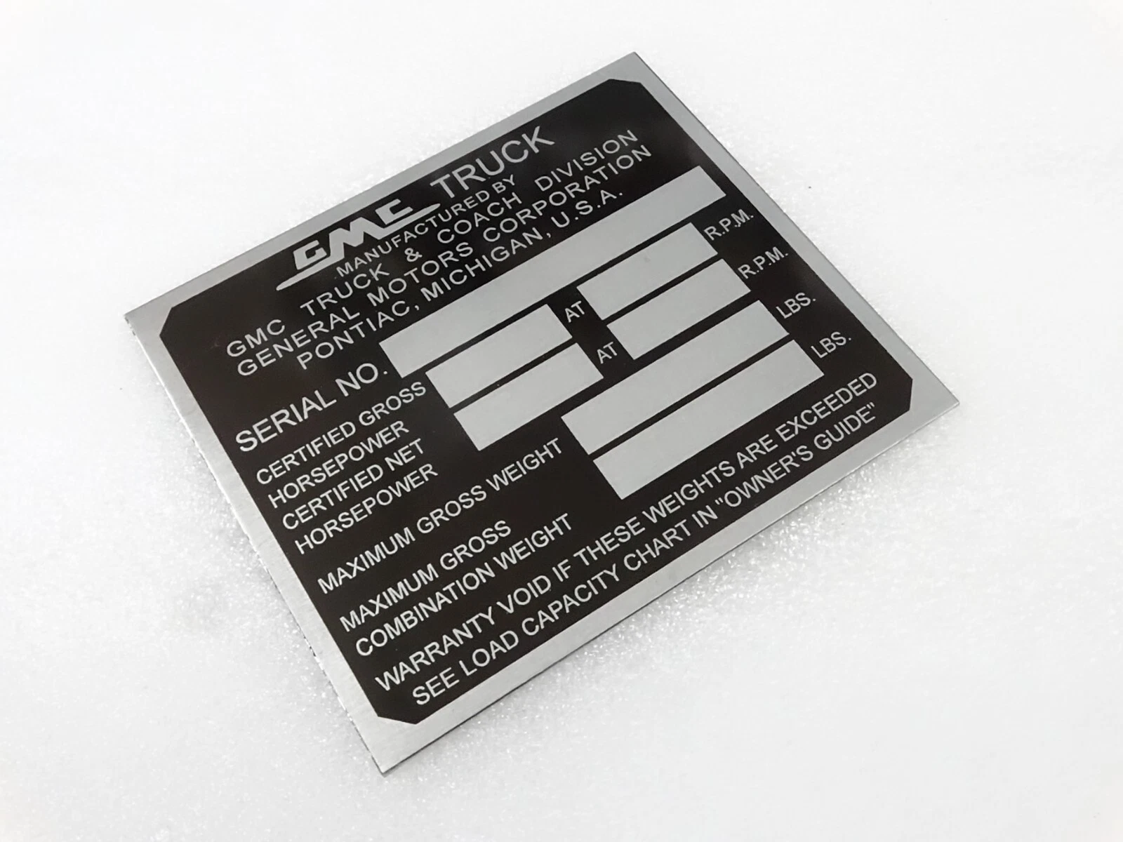 DATA PLATE FOR VINTAGE GMC TRUCK 1954-1959 #V255-7