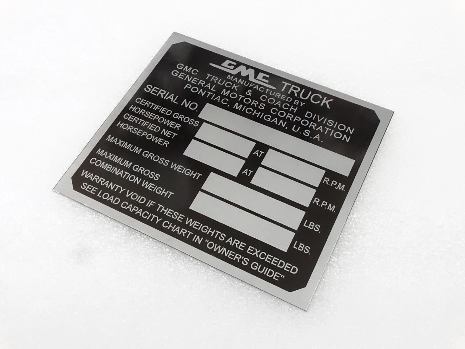 DATA PLATE FOR VINTAGE GMC TRUCK 1954-1959 #V255-7