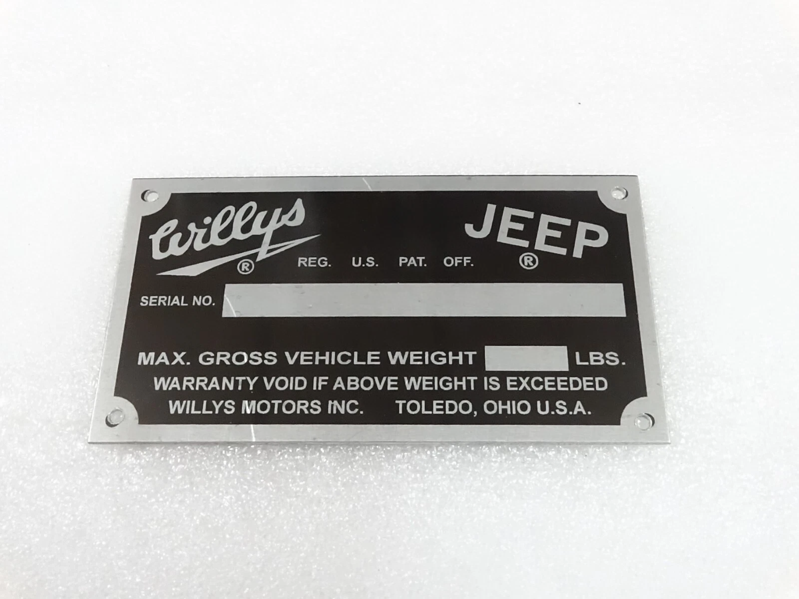 DATA PLATE FOR VINTAGE WILLYS JEEP FC-150 170 #V254-7