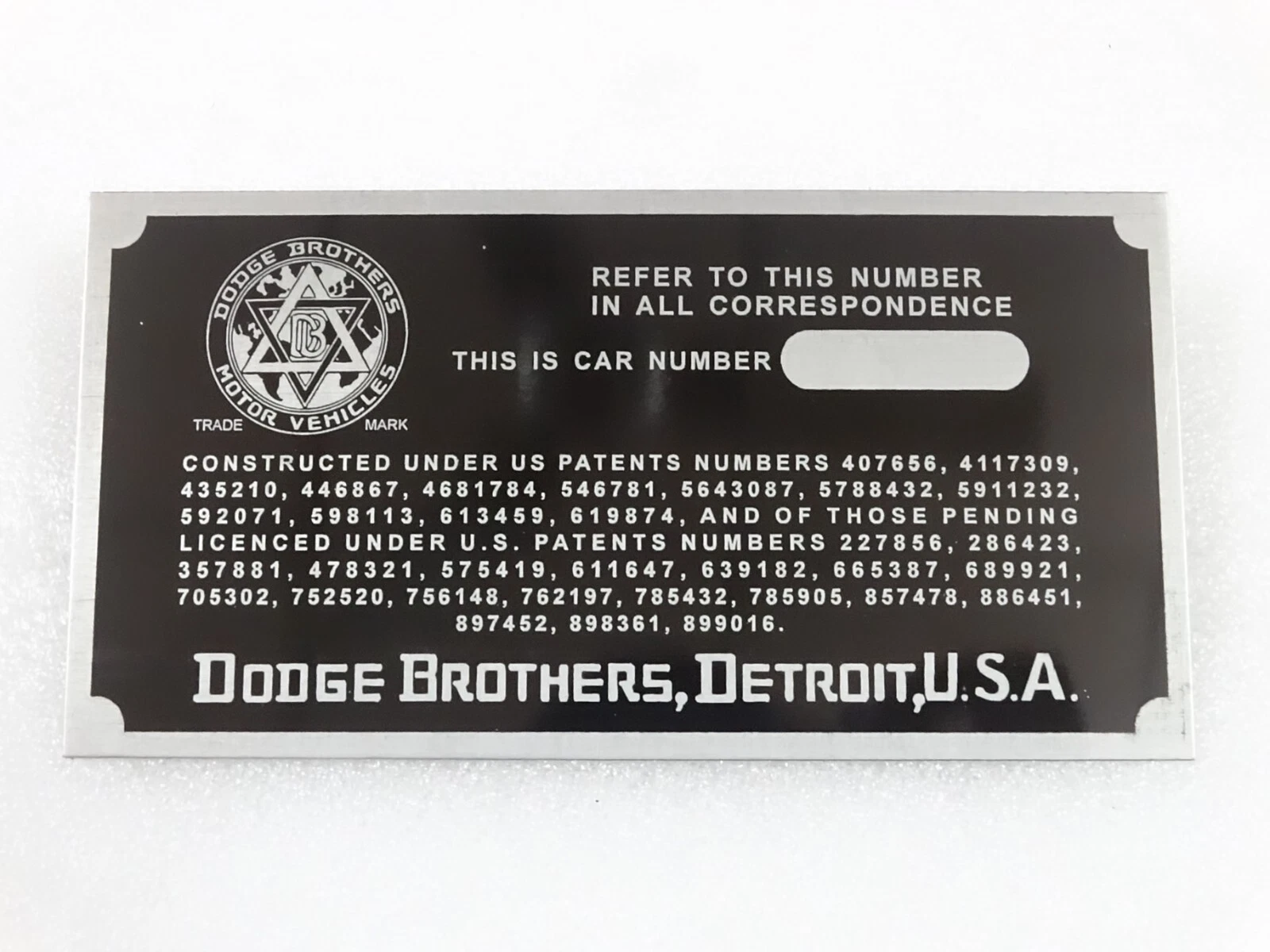 DATA PLATE FITS TO VINTAGE DODGE BROTHERS CAR 1914-16 #V216-7