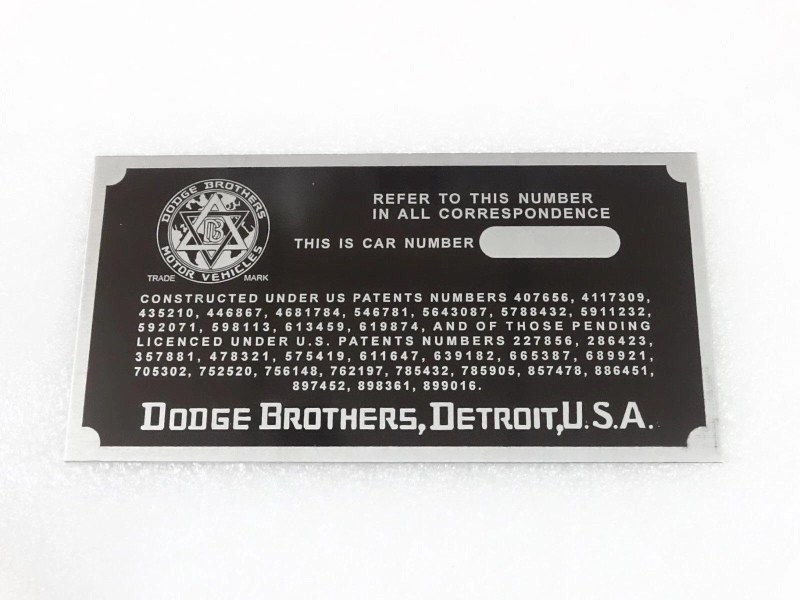 DATA PLATE FITS TO VINTAGE DODGE BROTHERS CAR 1914-16 #V216-7