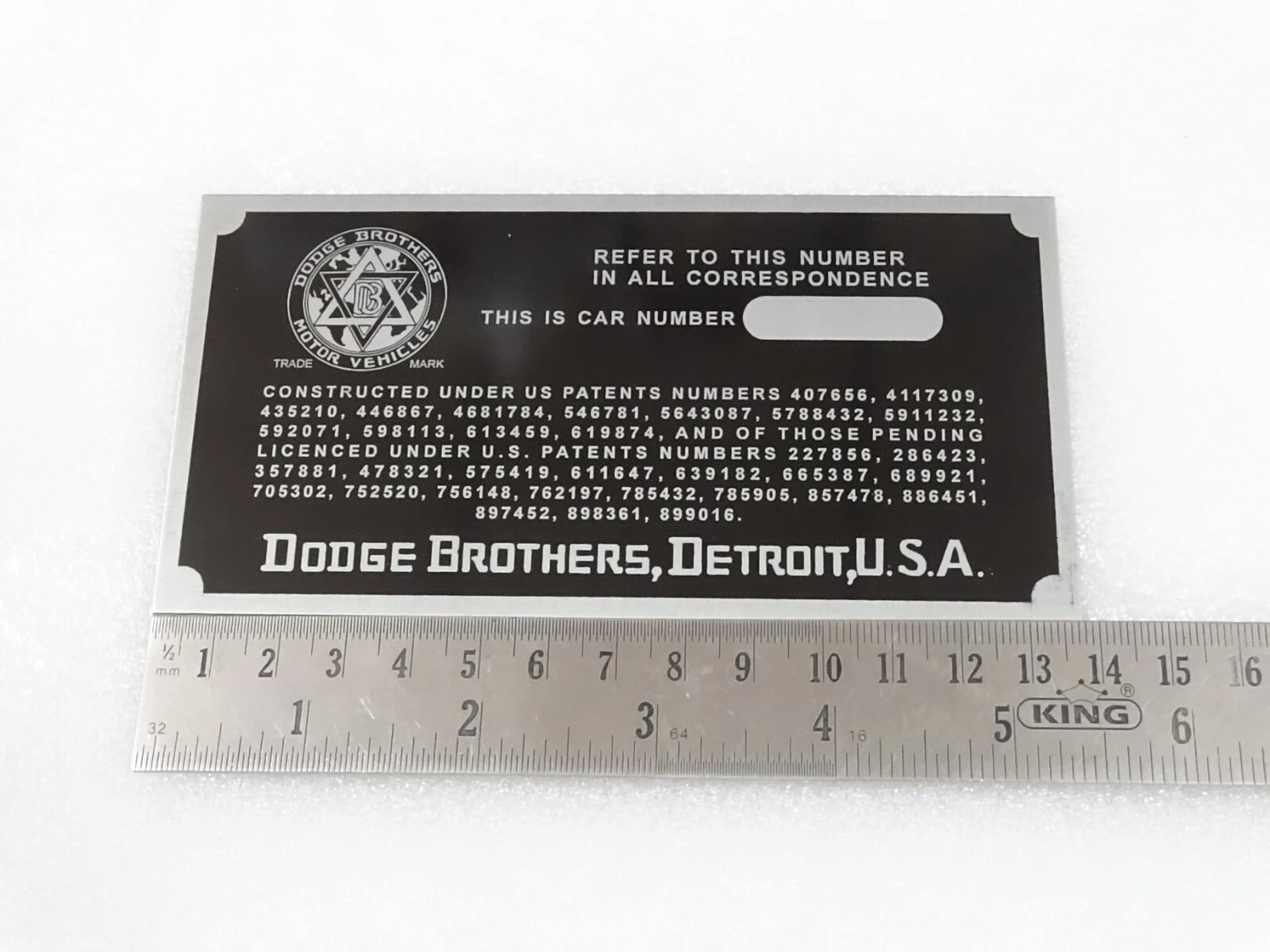 DATA PLATE FITS TO VINTAGE DODGE BROTHERS CAR 1914-16 #V216-7