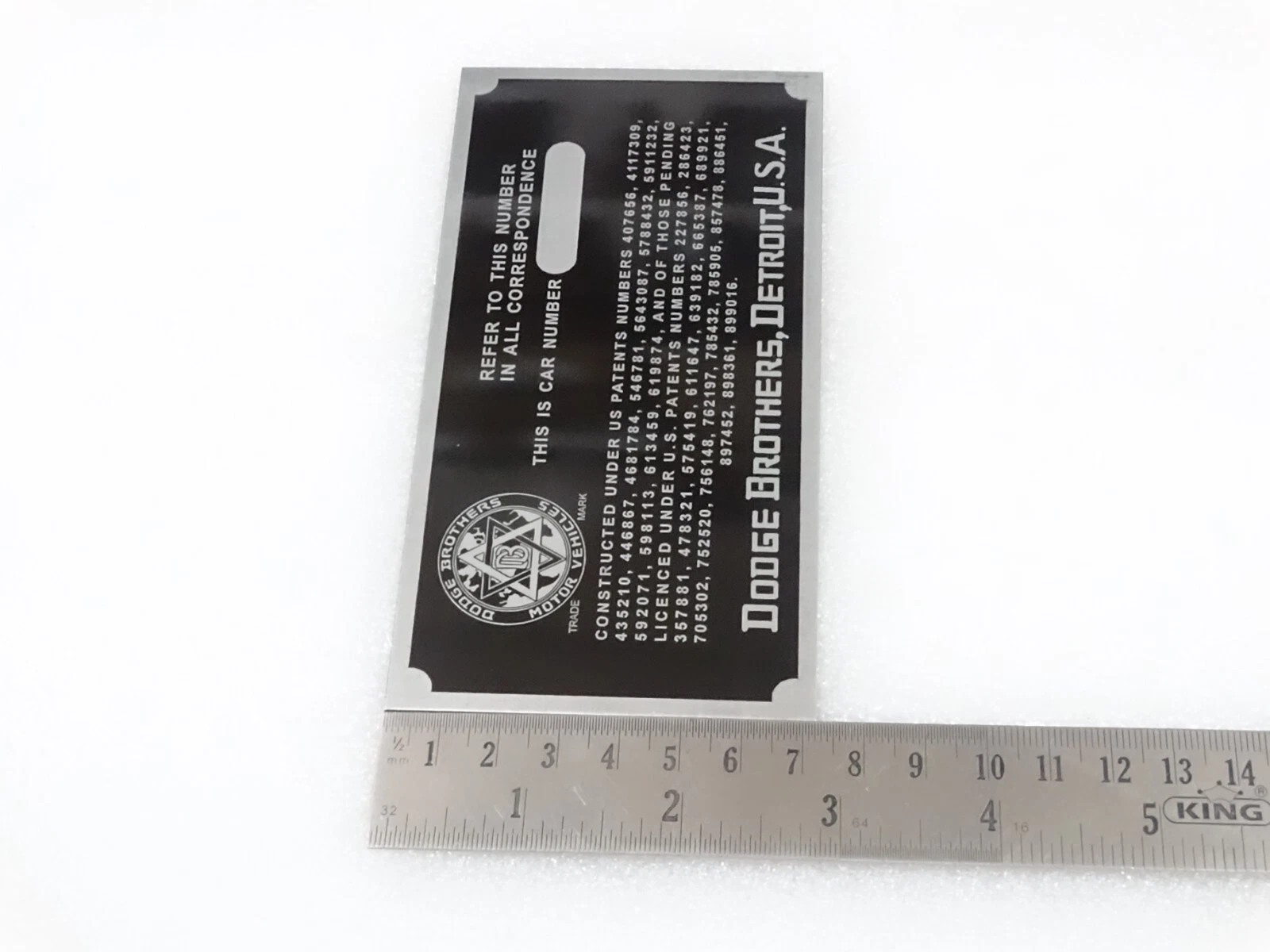 DATA PLATE FITS TO VINTAGE DODGE BROTHERS CAR 1914-16 #V216-7