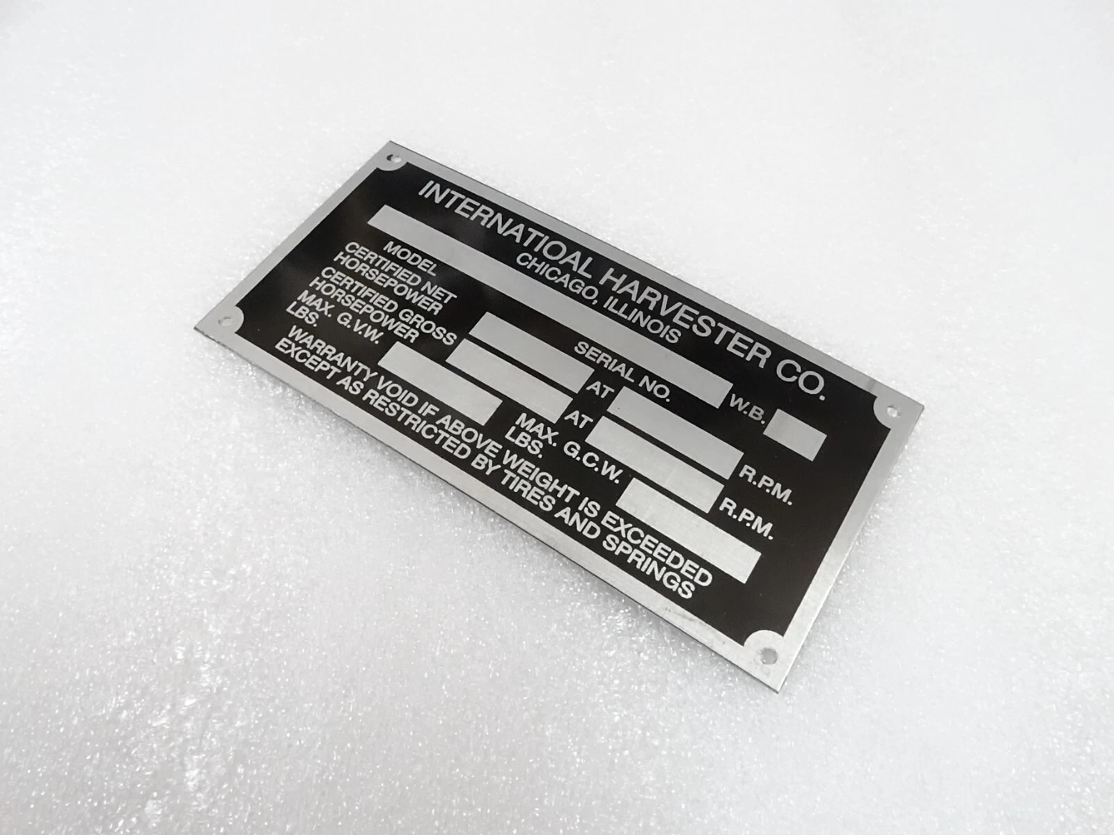 DATA PLATE FITS TO INTERNATIONAL HARVESTER COMPANY 1960'S #V218-7