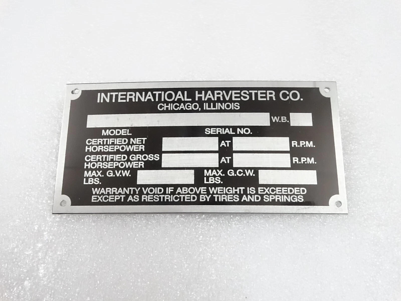 DATA PLATE FITS TO INTERNATIONAL HARVESTER COMPANY 1960'S #V218-7
