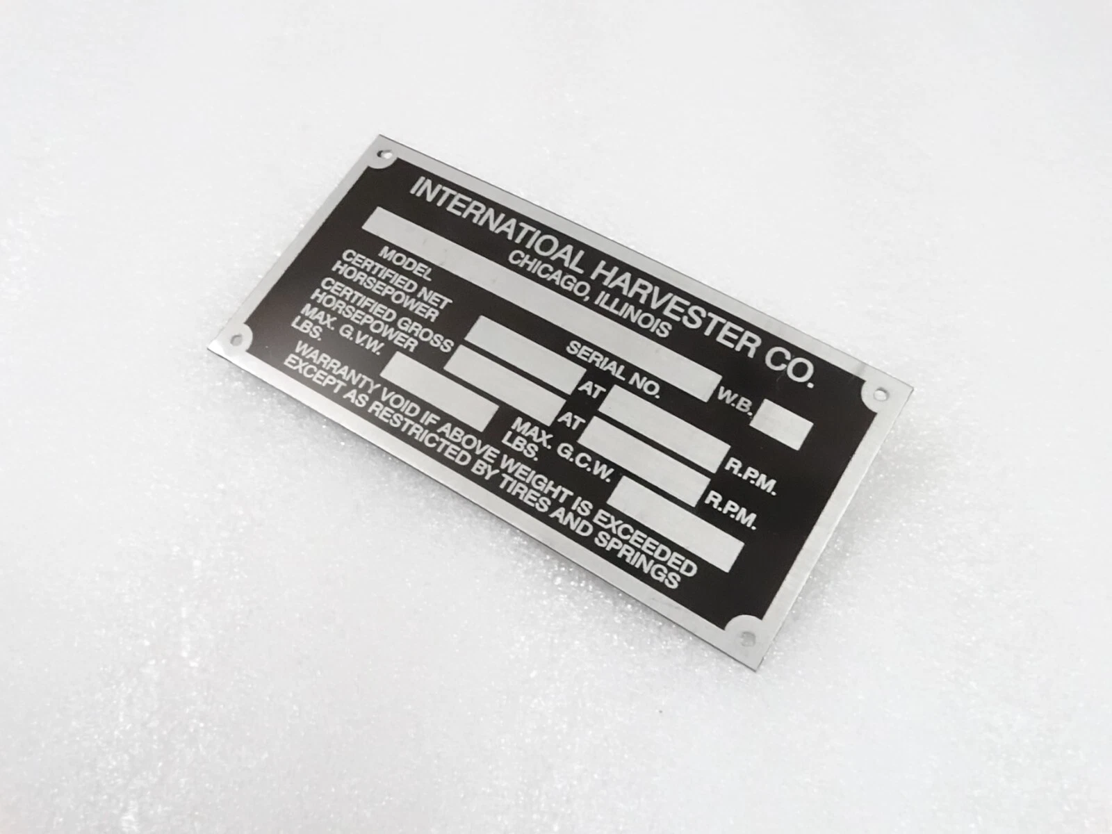 DATA PLATE FITS TO INTERNATIONAL HARVESTER COMPANY 1960'S #V218-7