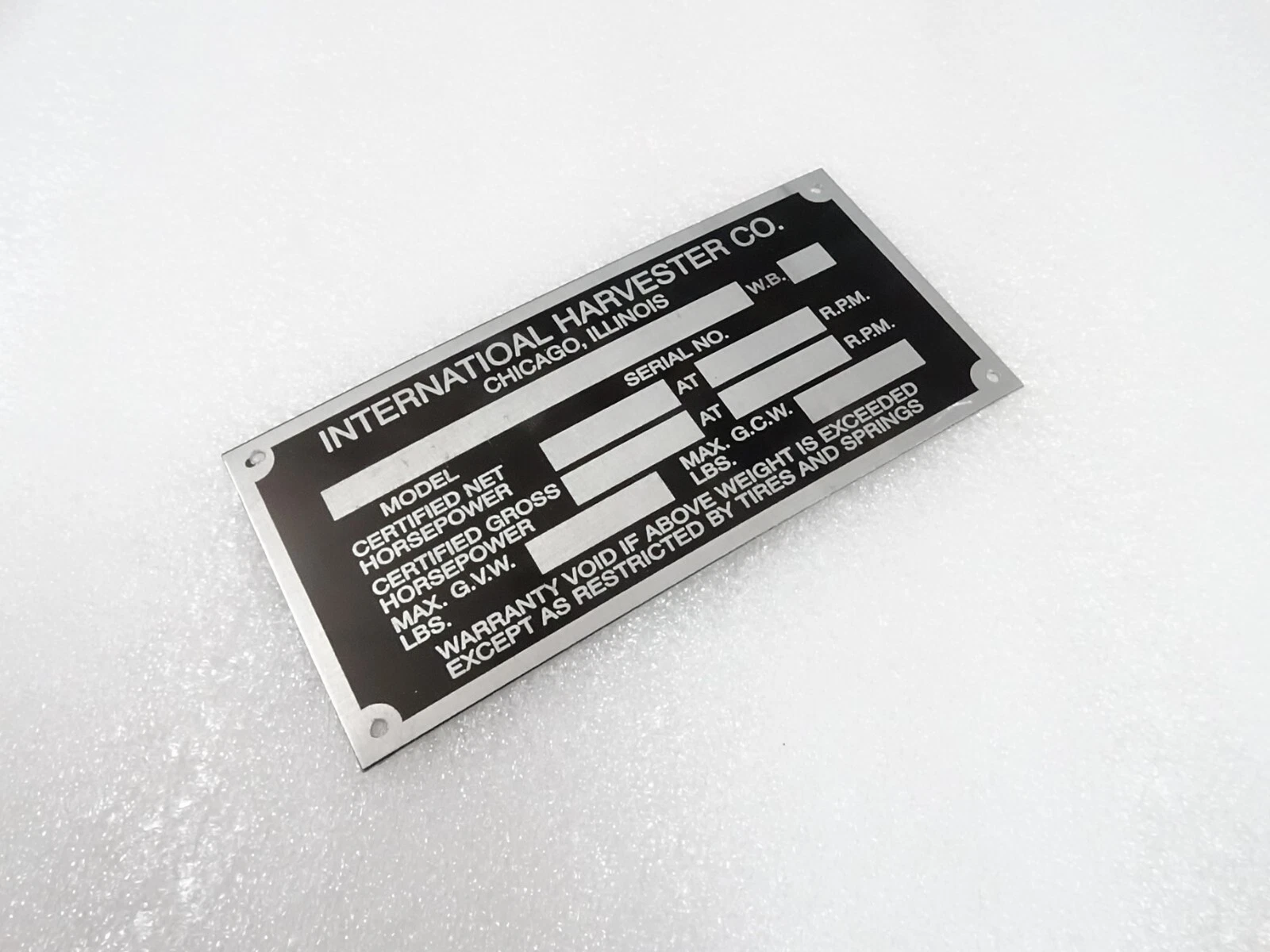 DATA PLATE FITS TO INTERNATIONAL HARVESTER COMPANY 1960'S #V218-7