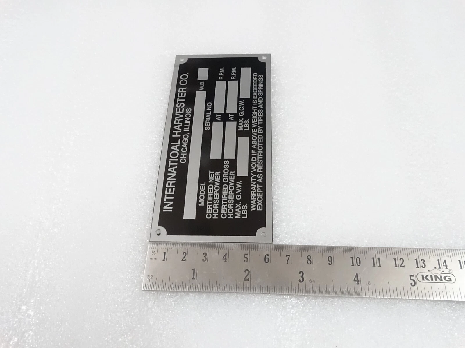 DATA PLATE FITS TO INTERNATIONAL HARVESTER COMPANY 1960'S #V218-7