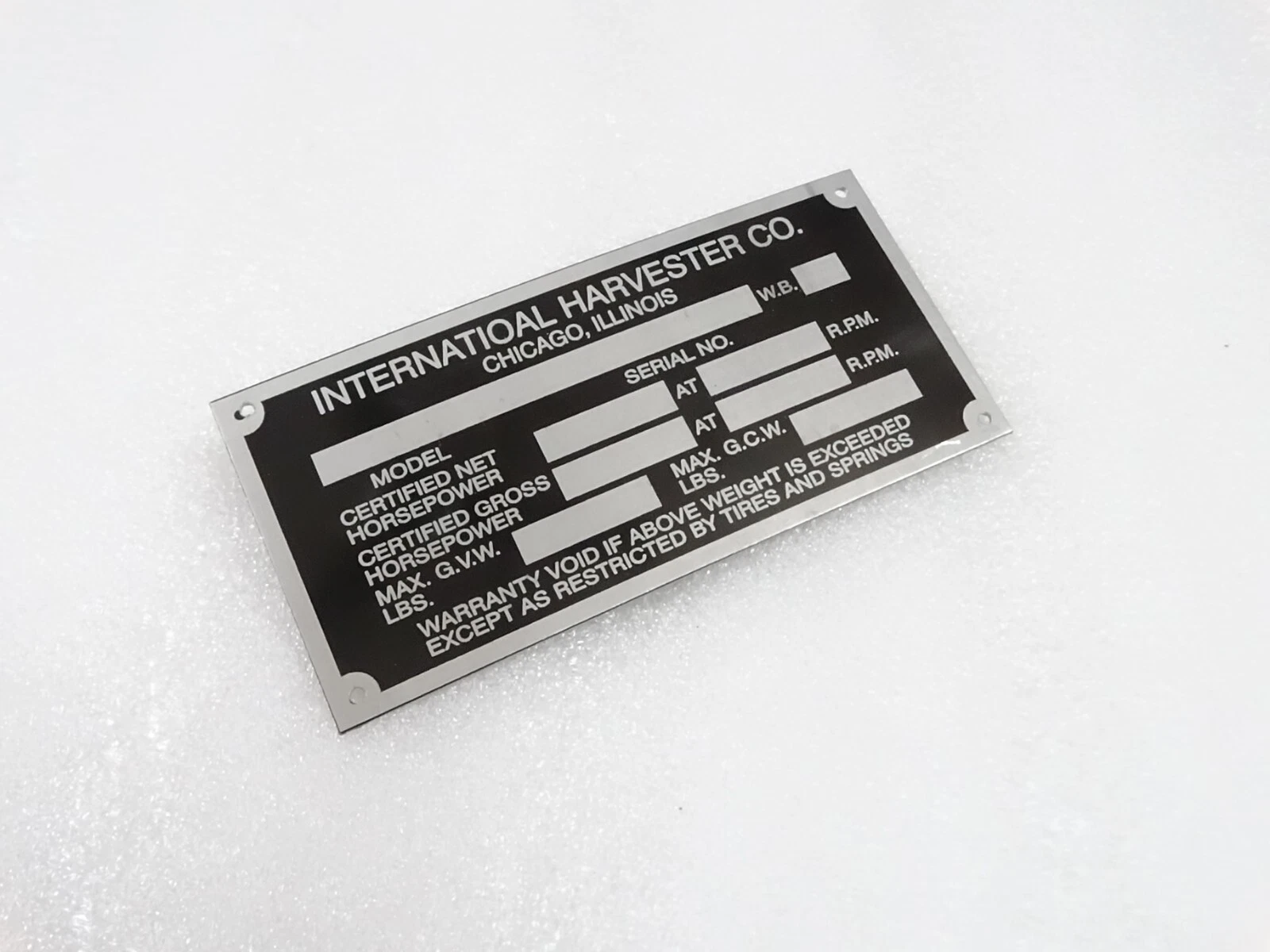 DATA PLATE FITS TO INTERNATIONAL HARVESTER COMPANY 1960'S #V218-7