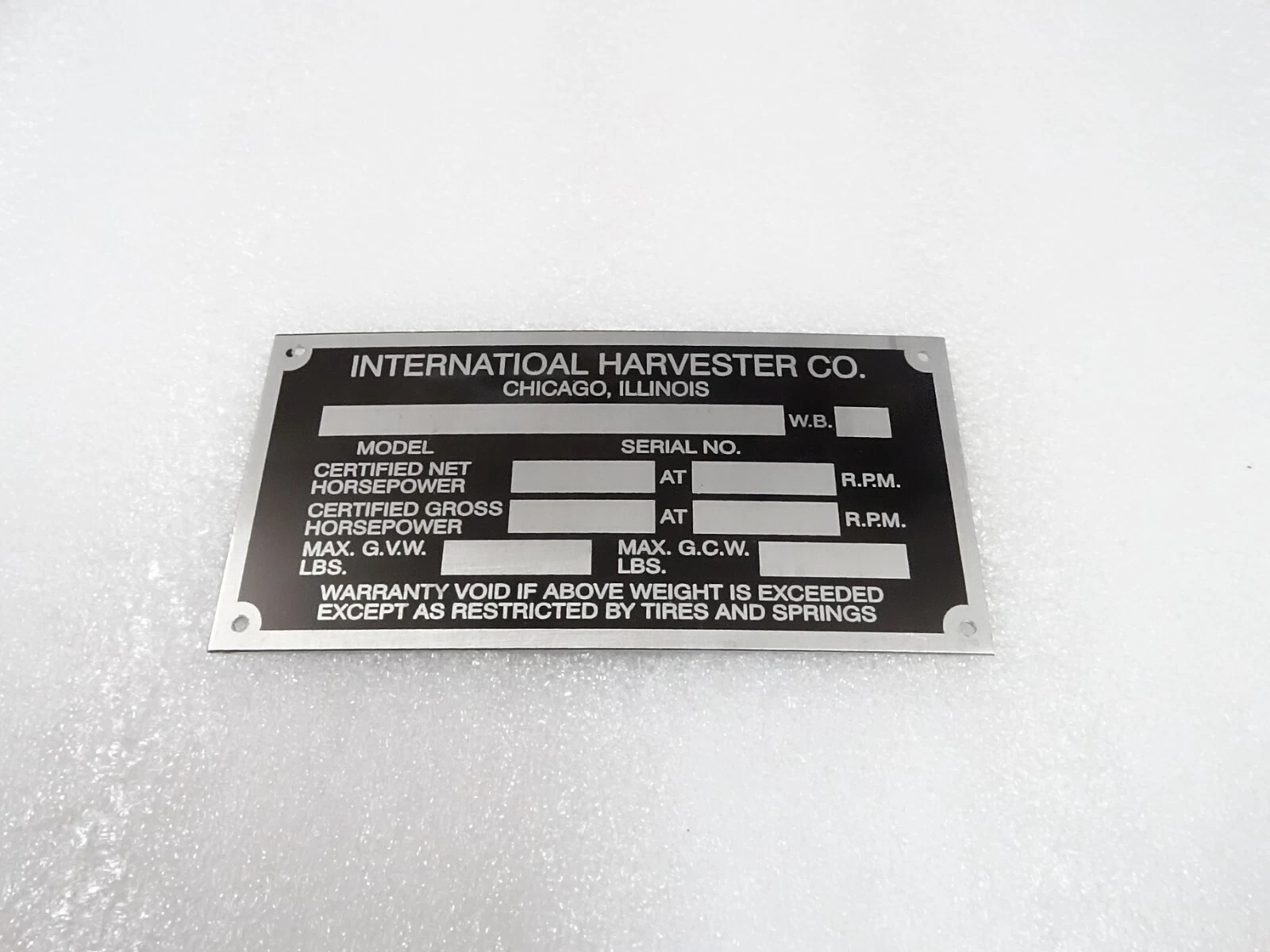 DATA PLATE FITS TO INTERNATIONAL HARVESTER COMPANY 1960'S #V218-7