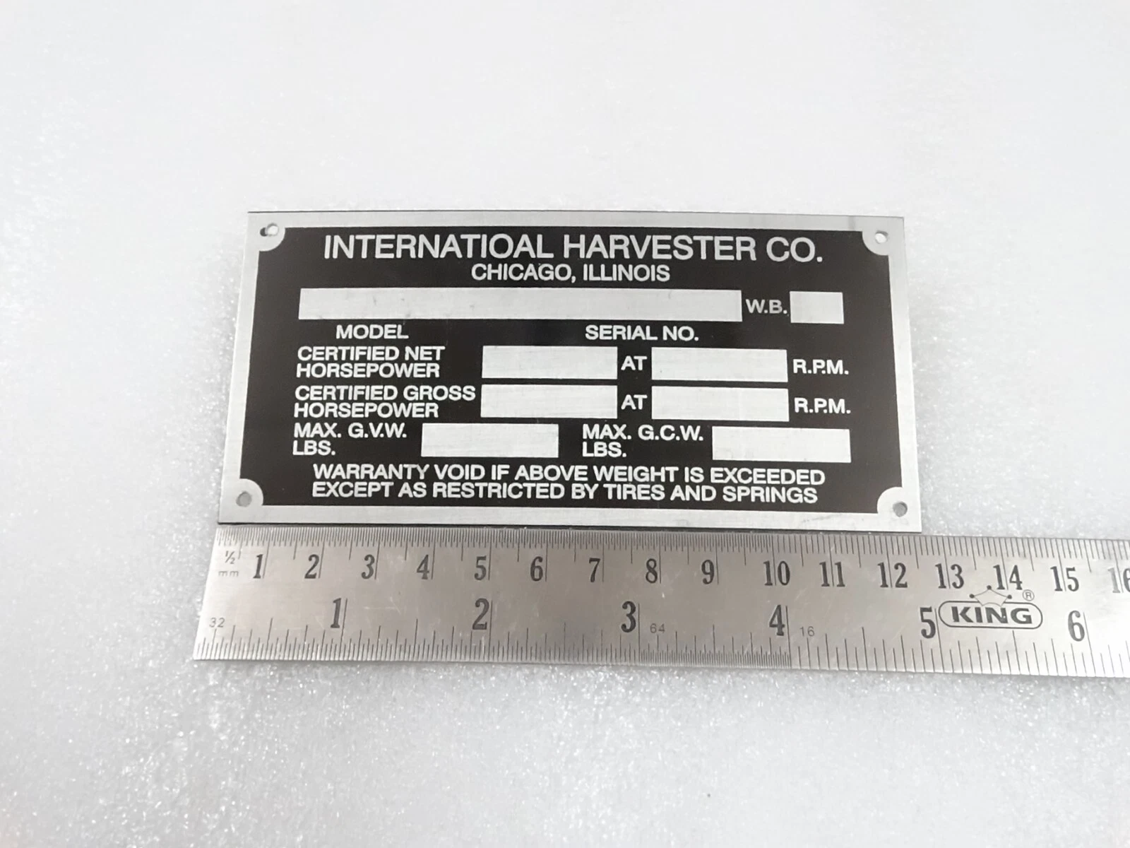 DATA PLATE FITS TO INTERNATIONAL HARVESTER COMPANY 1960'S #V218-7