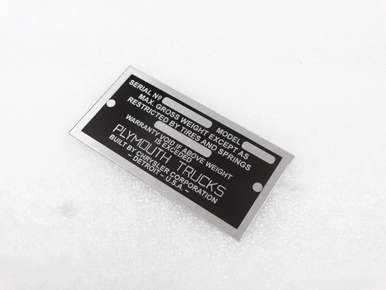 DATA PLATE FOR VINTAGE PLYMOUTH TRUCK 1935-41 #V264-7