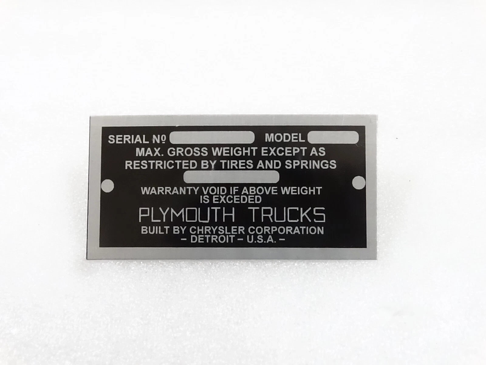 DATA PLATE FOR VINTAGE PLYMOUTH TRUCK 1935-41 #V264-7