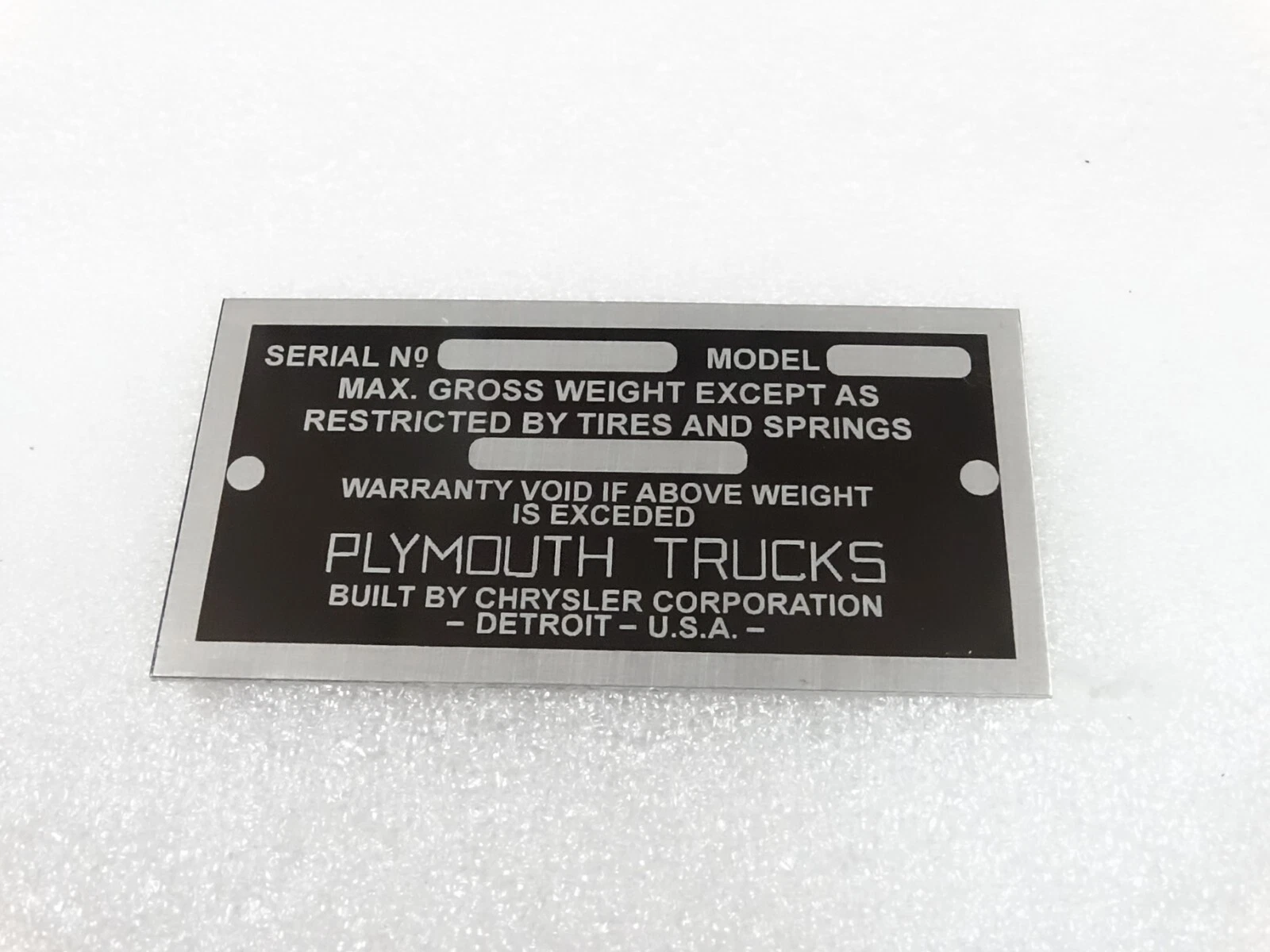DATA PLATE FOR VINTAGE PLYMOUTH TRUCK 1935-41 #V264-7
