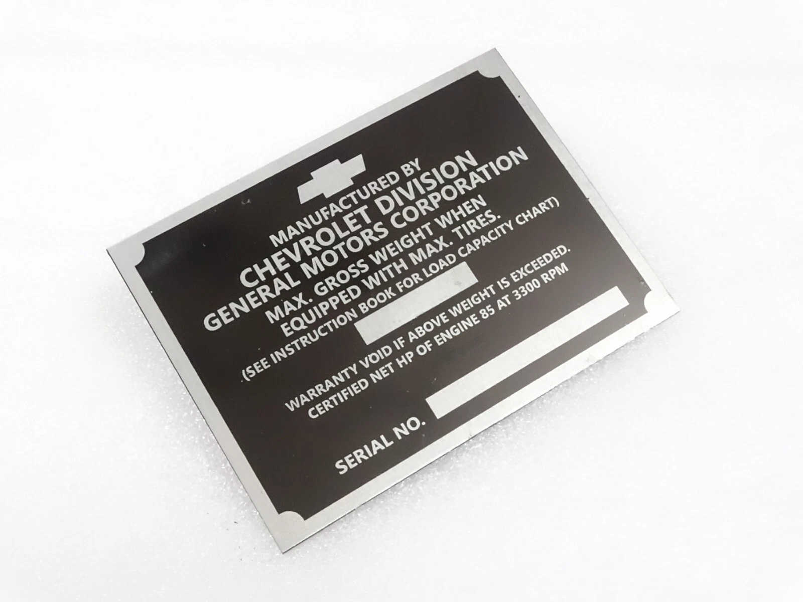 DATA PLATE FITS TO VINTAGE CHEVY CHEVEROLET1927-53 #V235-7