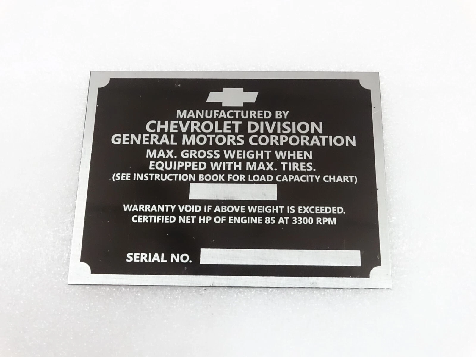 DATA PLATE FITS TO VINTAGE CHEVY CHEVEROLET1927-53 #V235-7