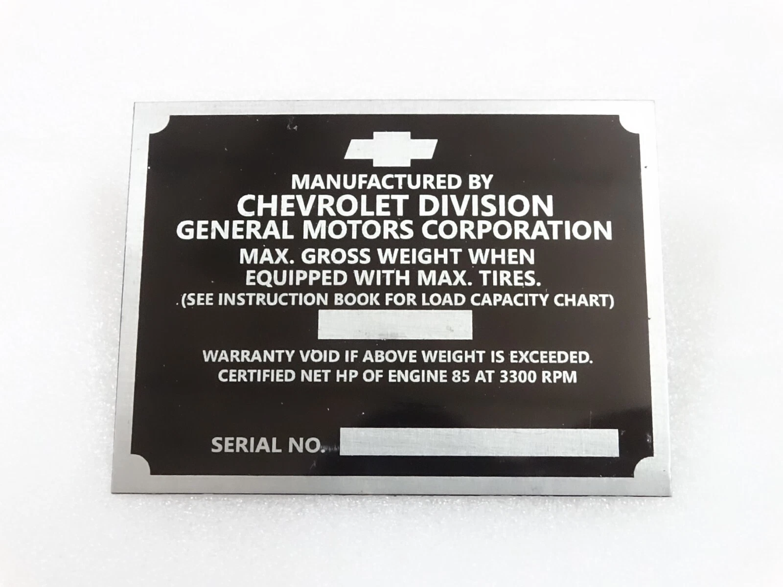 DATA PLATE FITS TO VINTAGE CHEVY CHEVEROLET1927-53 #V235-7