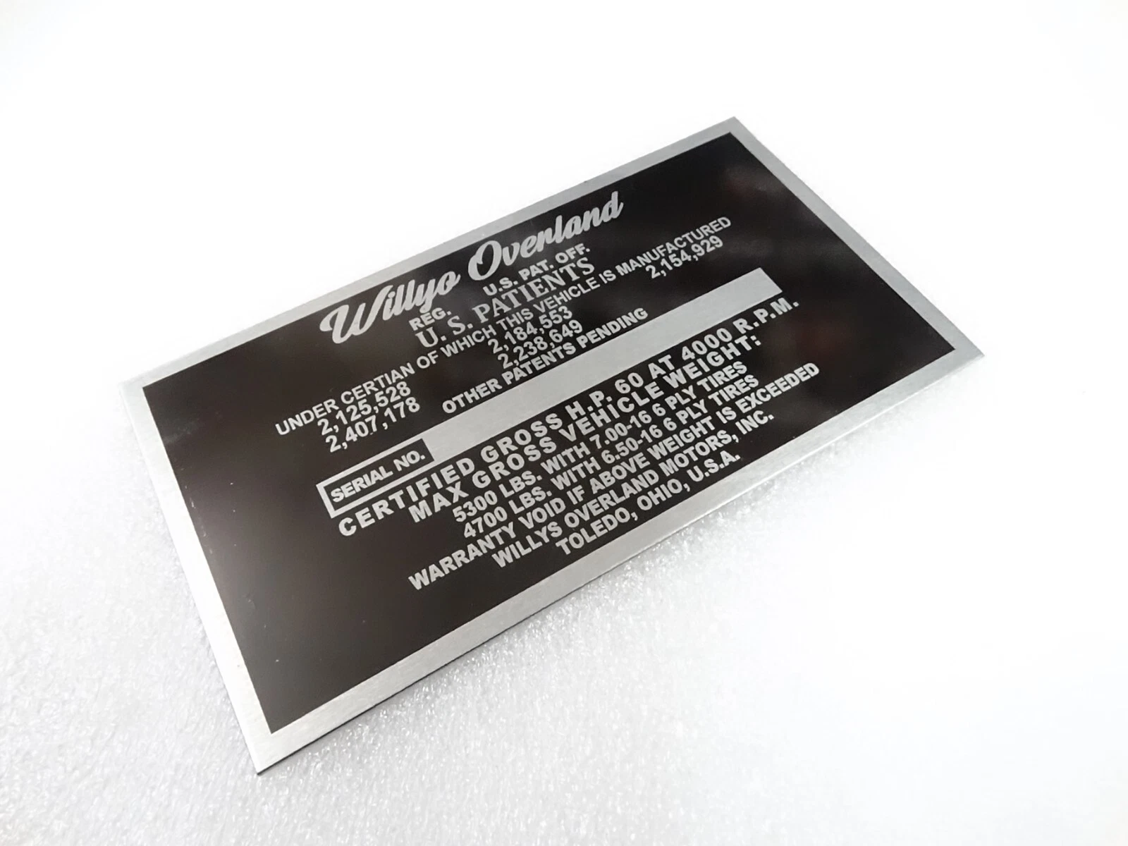 DATA PLATE FOR VINTAGE WILLYS OVERLAND TRUCK 1948-53 #V276-8