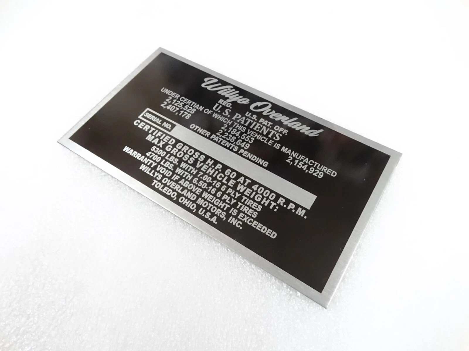 DATA PLATE FOR VINTAGE WILLYS OVERLAND TRUCK 1948-53 #V276-8
