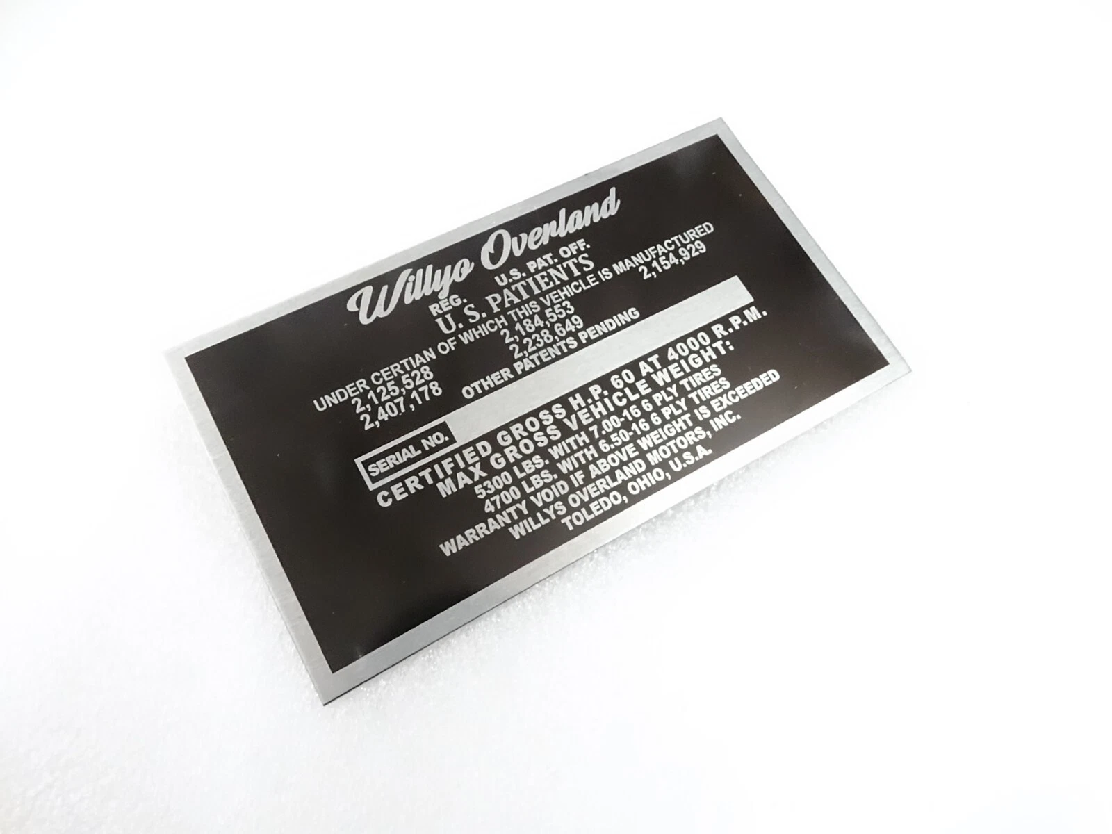 DATA PLATE FOR VINTAGE WILLYS OVERLAND TRUCK 1948-53 #V276-8