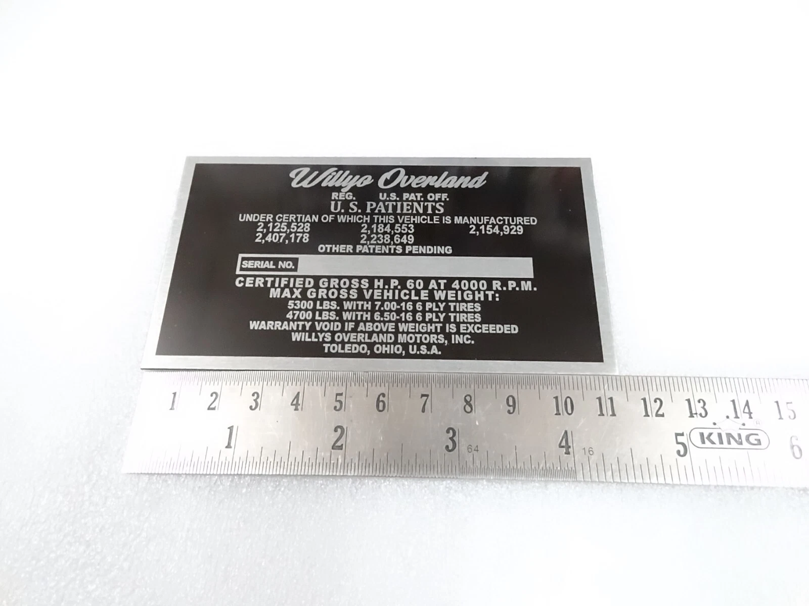 DATA PLATE FOR VINTAGE WILLYS OVERLAND TRUCK 1948-53 #V276-8