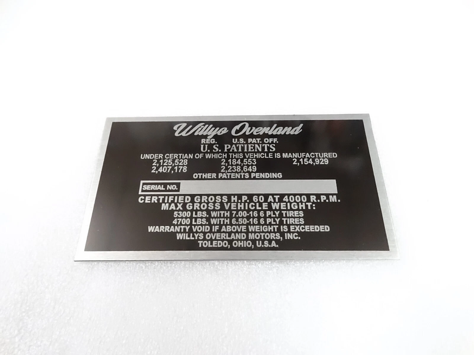 DATA PLATE FOR VINTAGE WILLYS OVERLAND TRUCK 1948-53 #V276-8
