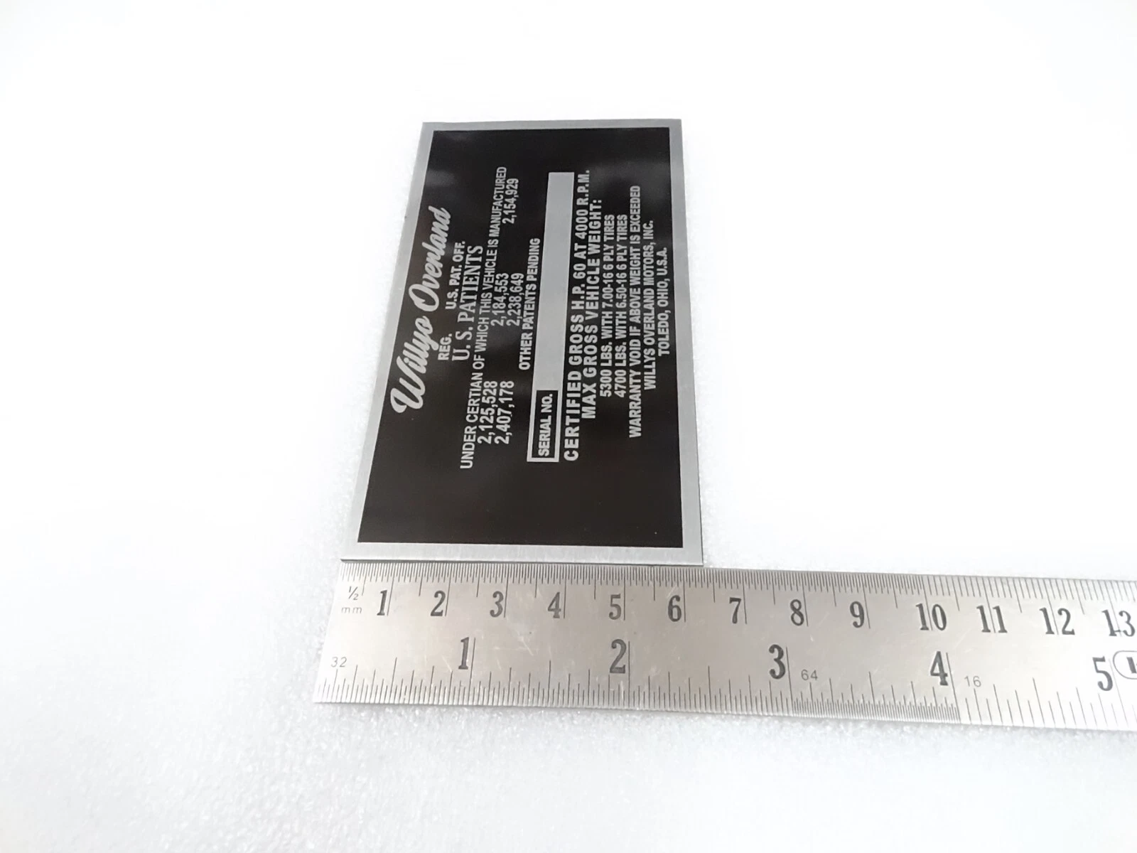DATA PLATE FOR VINTAGE WILLYS OVERLAND TRUCK 1948-53 #V276-8