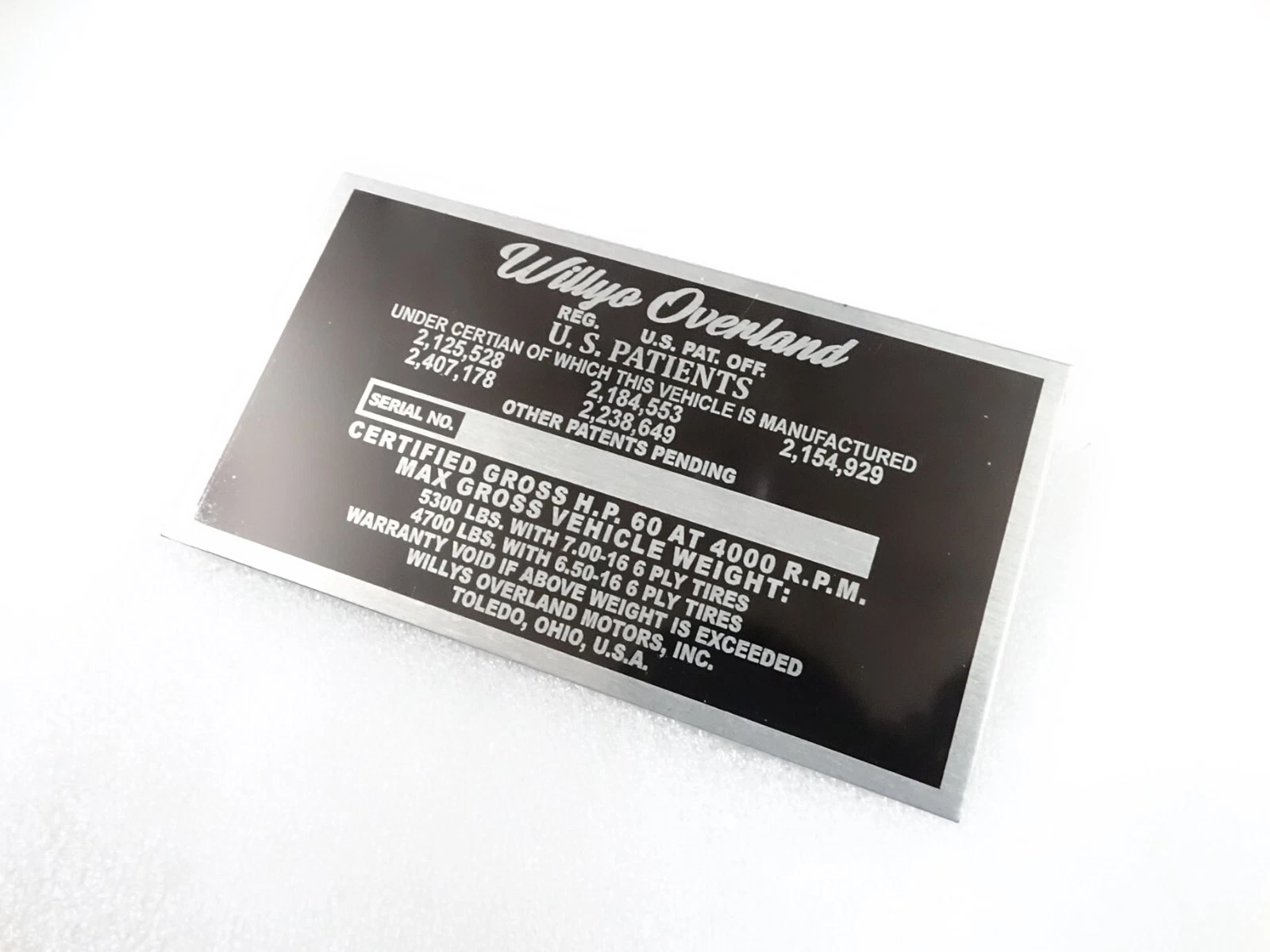 DATA PLATE FOR VINTAGE WILLYS OVERLAND TRUCK 1948-53 #V276-8