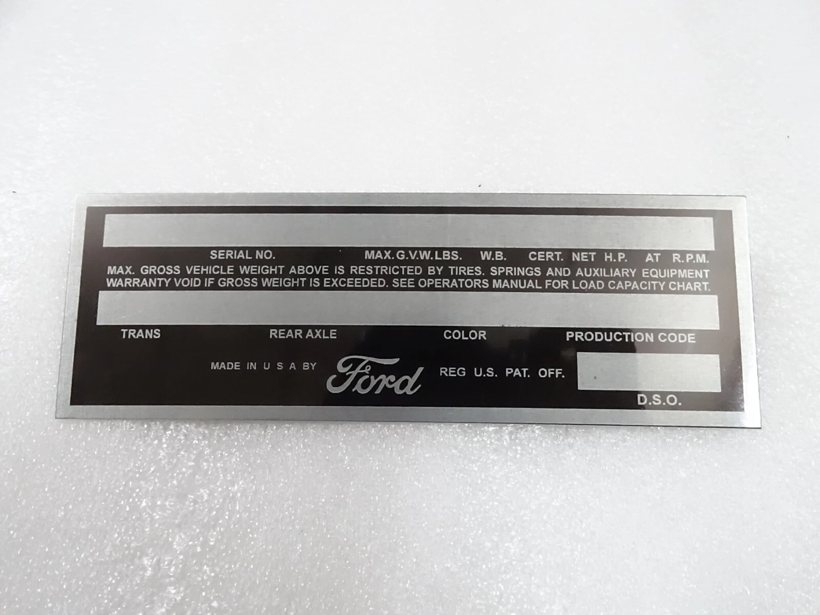 DATA PLATE FITS TO VINTAGE FORD PICKUP TRUCK 1953-56 #V223-7