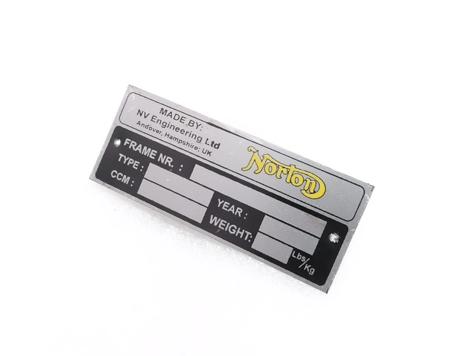 Norton Black Aluminium Data Plate ID Tag Frame Vintage New Motorcycle #23C15