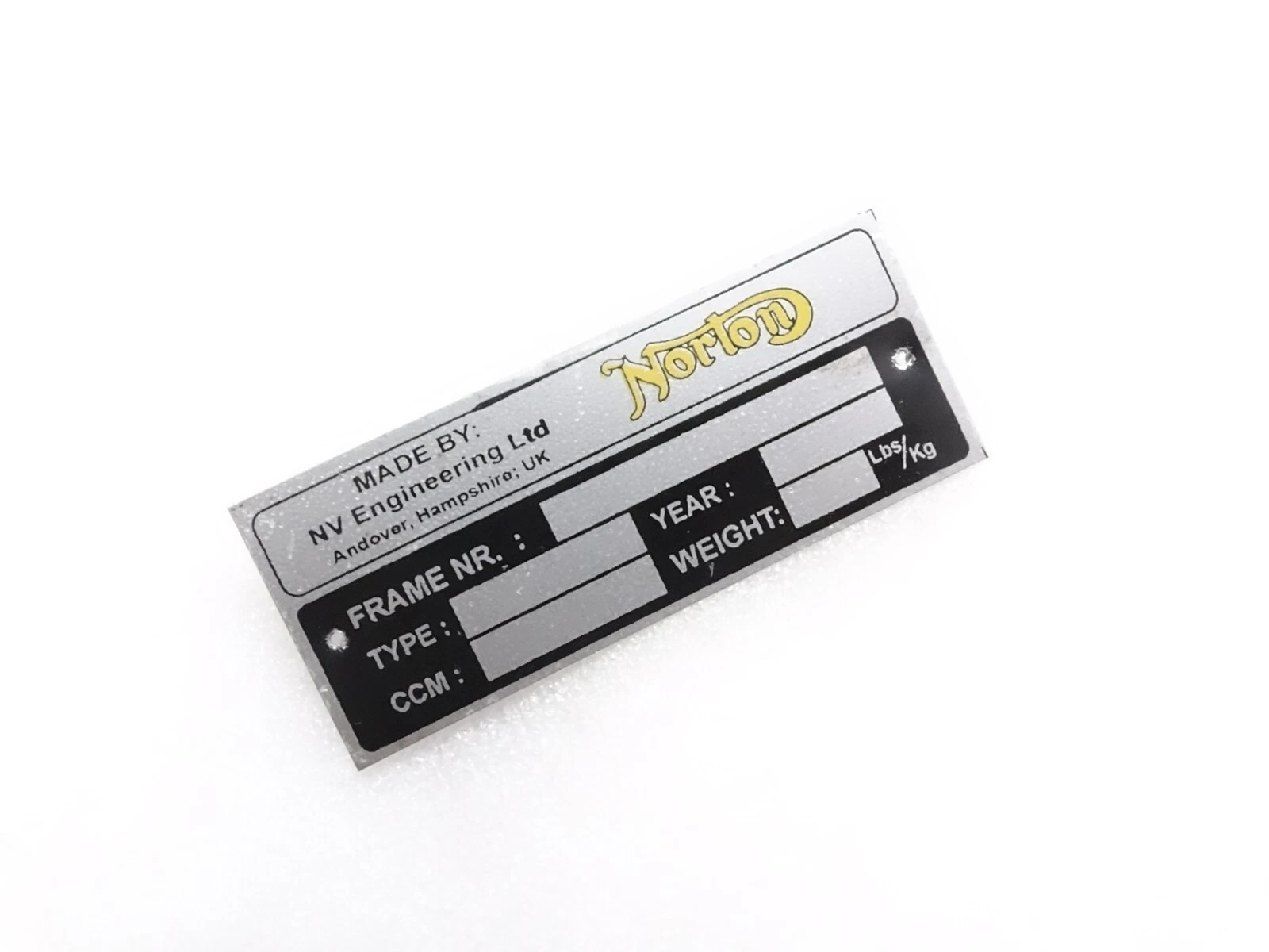 Norton Black Aluminium Data Plate ID Tag Frame Vintage New Motorcycle #23C15