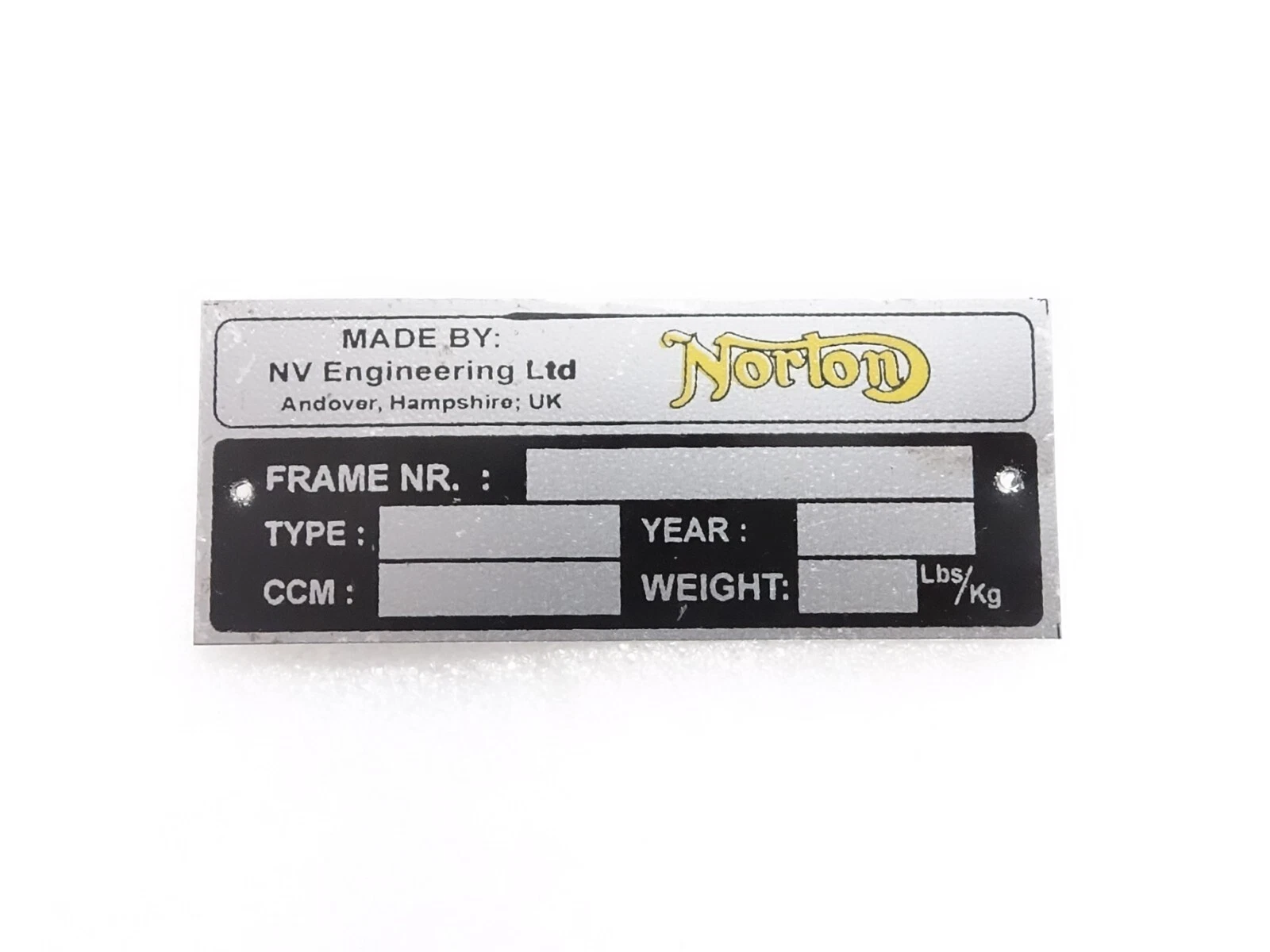 Norton Black Aluminium Data Plate ID Tag Frame Vintage New Motorcycle #23C15