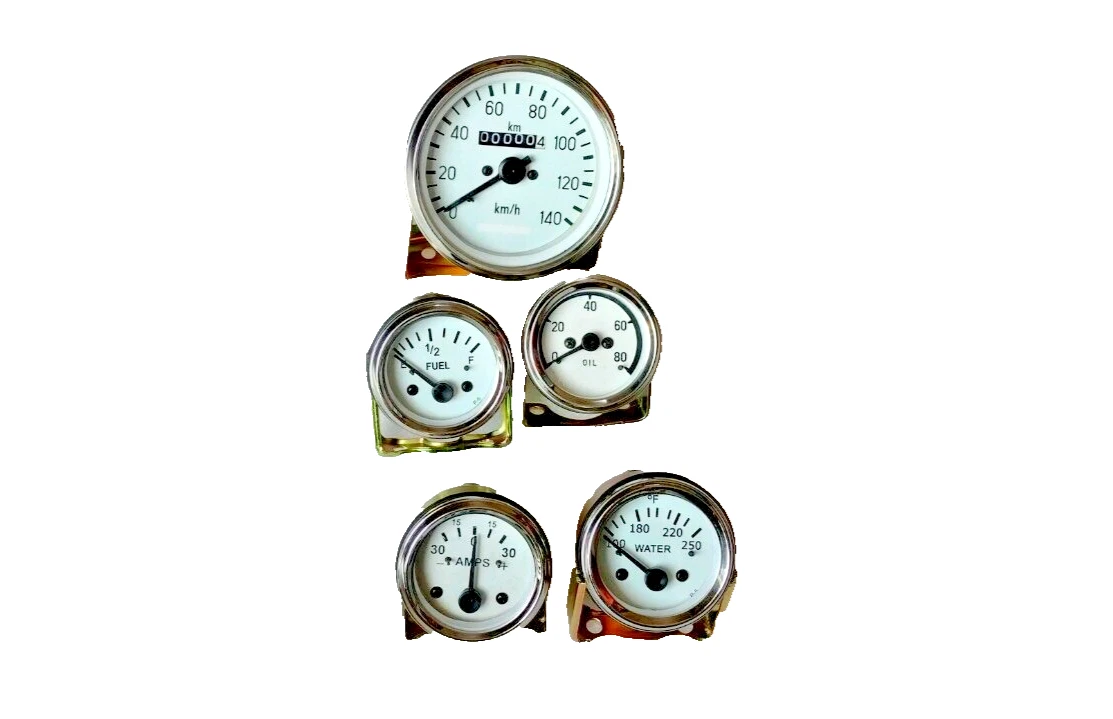 Gauges kit 85mm Speedo+Oil mechanical+Elec Temp Amp Fuel Gauge White Chrome