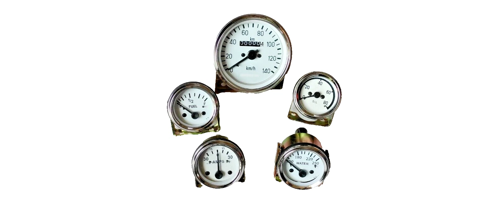Gauges kit 85mm Speedo+Oil mechanical+Elec Temp Amp Fuel Gauge White Chrome