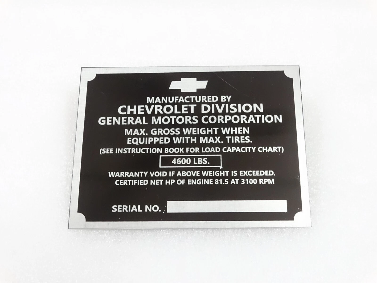 DATA PLATE FOR VINTAGE CHEVEROLET CHEVY 1/2 TON TRUCK POST 1950 MODEL #V240-7