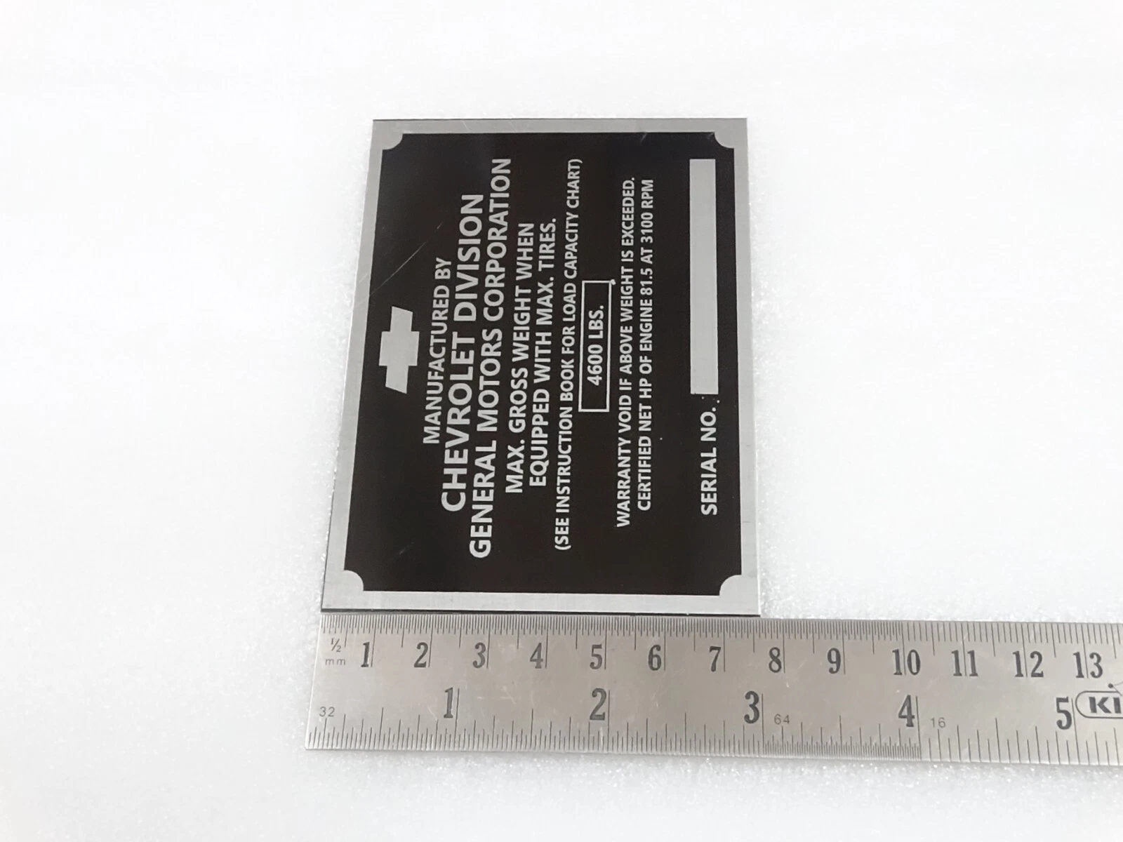 DATA PLATE FOR VINTAGE CHEVEROLET CHEVY 1/2 TON TRUCK POST 1950 MODEL #V240-7