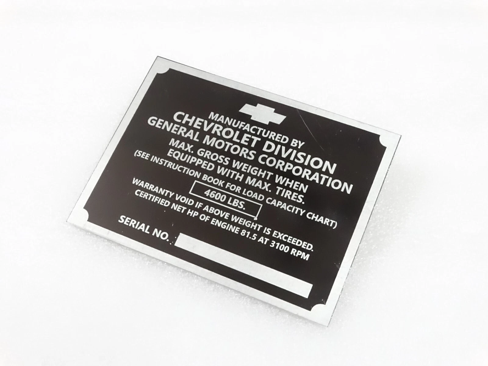 DATA PLATE FOR VINTAGE CHEVEROLET CHEVY 1/2 TON TRUCK POST 1950 MODEL #V240-7